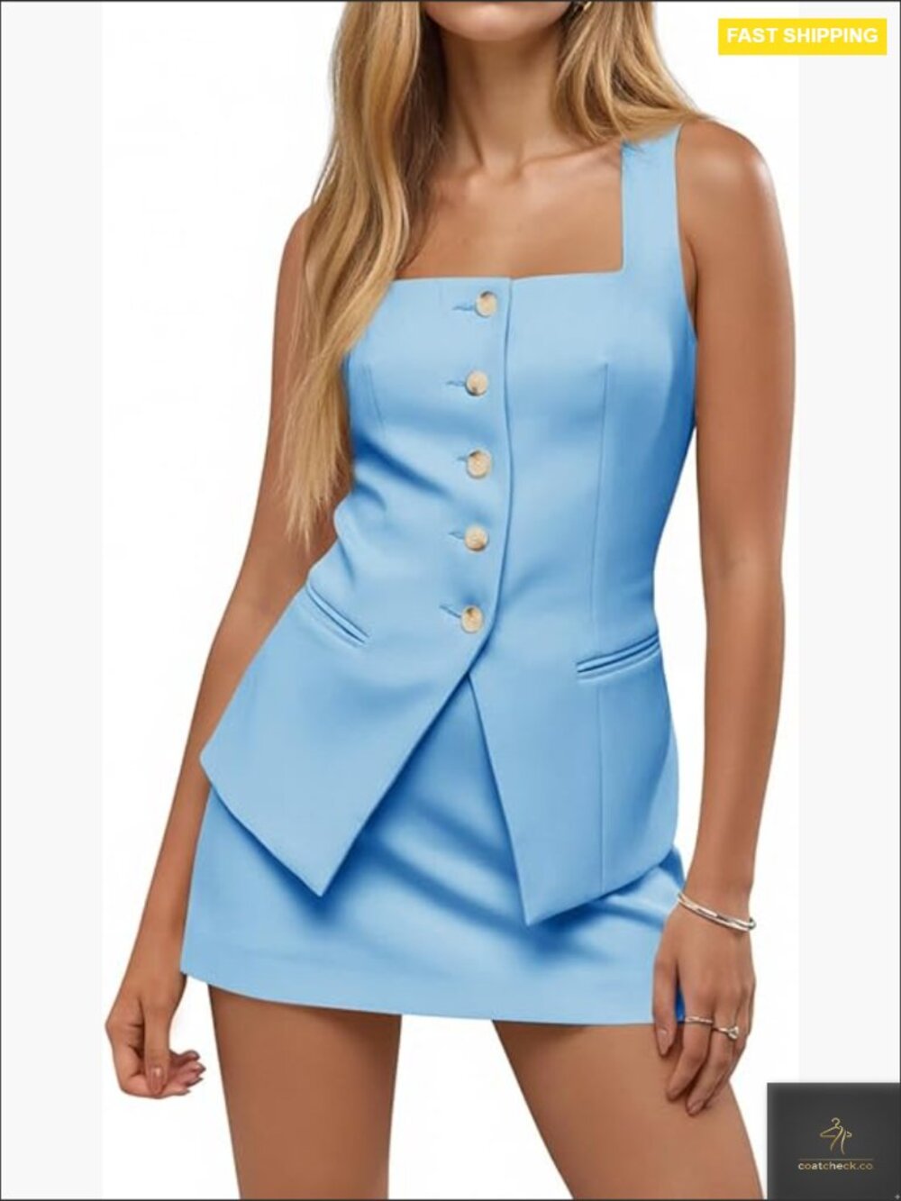 Sleeveless Square Neck Blazer Vest Mini Skirt Suit Set Slim Fit Work Casual